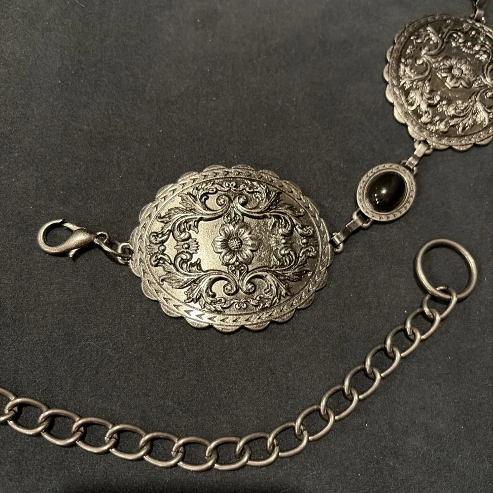 Concho Chain Belt Western Style Scalloped Floral Medallion Metal Rings 40